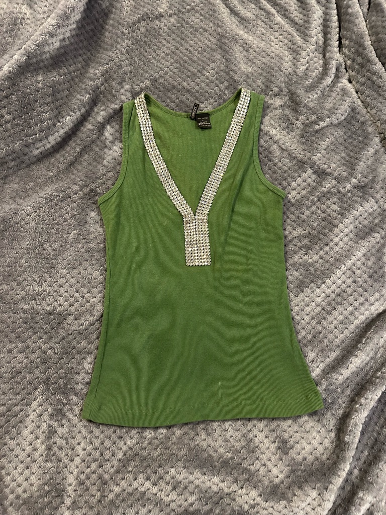 Sexy Sexy Sexy Low Cut Rhinestone Neck Army Green Tank Top